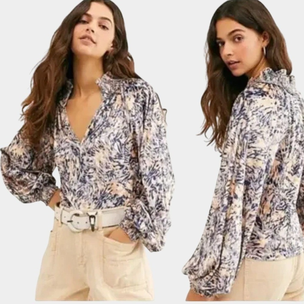 Free People Go Get Em Crushed Velvet Balloon Sleeve Blouse M Boho Artsy NWT